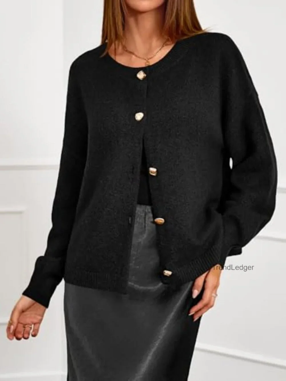 Oversized Cropped Cardigan Sweater Women Open Front Gold Button Knit